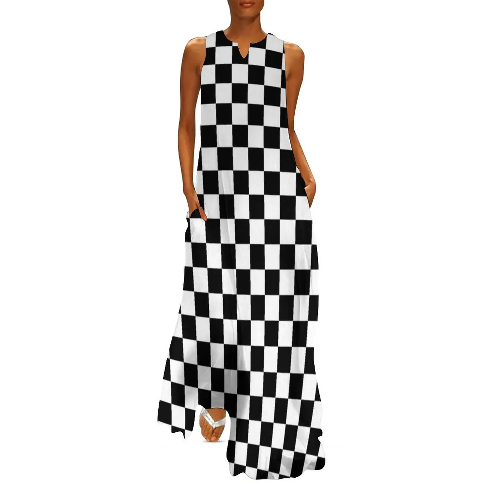 

Black and White Check Checkered Flag Motorsports Race Day + Chess Long Dress Womens dresses women's evening dresses 2025 Dress