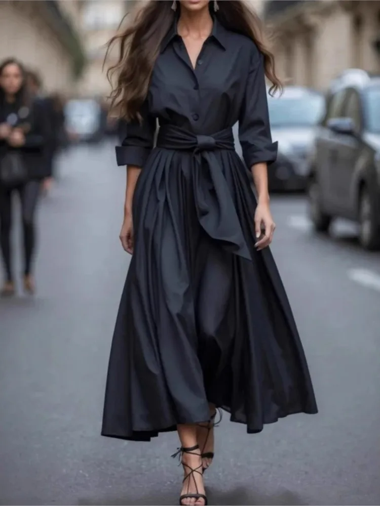 Camisa de Color liso para mujer, vestidos largos con temperamento, solapa elegante, manga larga, un solo pecho, vestido Maxi Leace-up para mujer, novedad de 2025