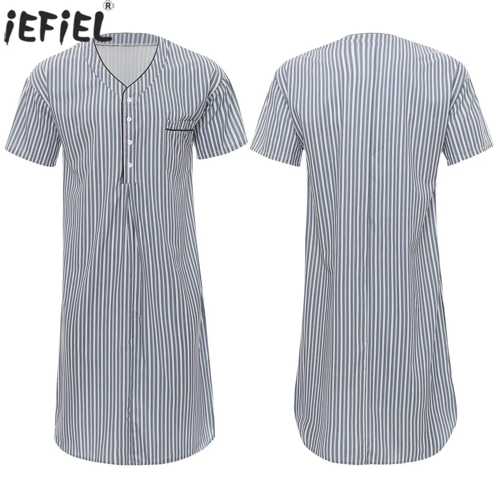 

Men's Muslim Striped Sleep Robe Dress Short Sleeve Sleep V Neck Pullover Knee Length Robe Pajamas Loungewear Daily Nightwear