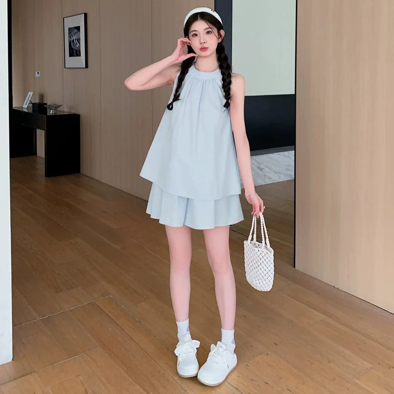 ملابس حمل ملابس الصيف 2025 جديد دمية بلوزات وسراويل قصيرة 2 قطعة مجموعة للنساء الحوامل عصرية ومريحة #4