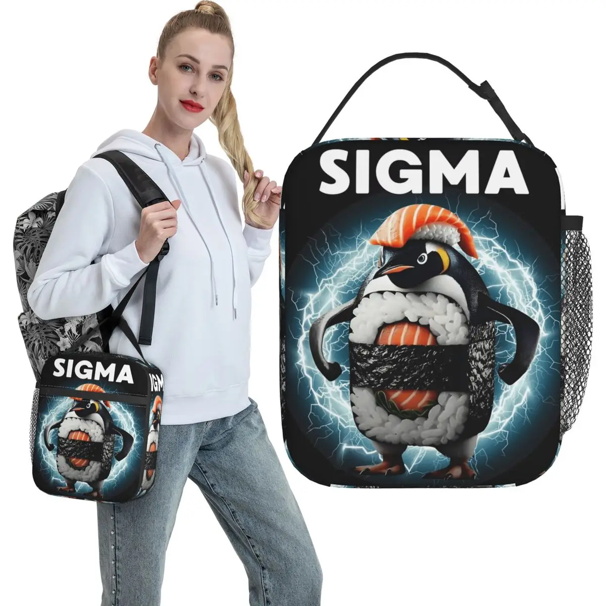 Sigma Italian Brainrot Meme Penguin Sushi Lunch Bag Cute Lunch Box School Portable Tote Handbags For Unisex Oxford Cooler Bag