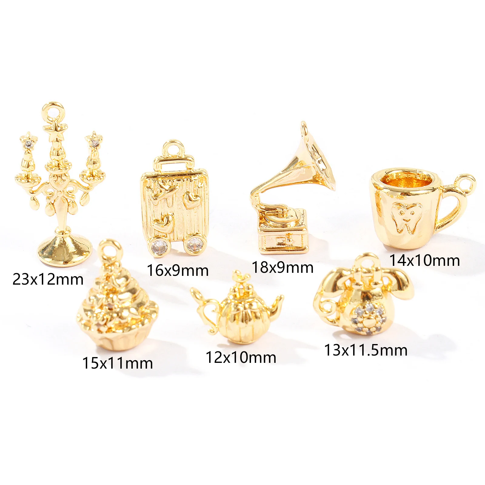 2 Pcs Brass Charms 18k Gold Plated Gramaphone Teapot Candle Holder Suitcase 3D Pendants For DIY Necklace Bracelet Jewelry Making