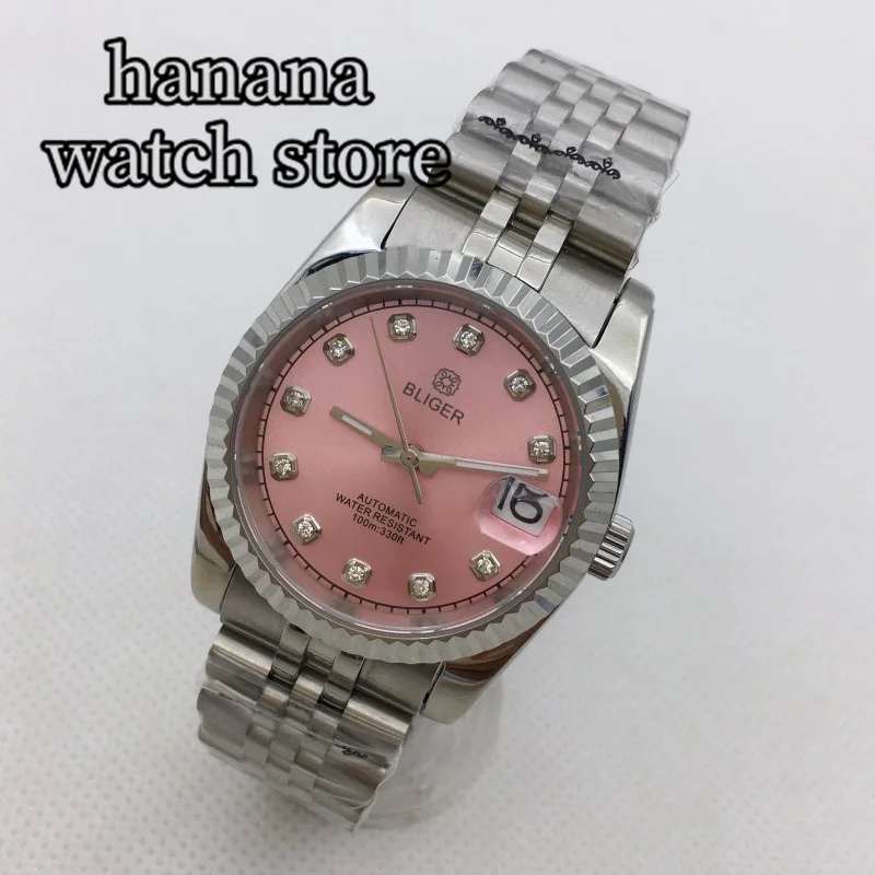 

BLIGER 36mm/39mm NH35A Men's Mechanical Automatic Watch Solo Bezel Pink Dial Diamond Index Date stainless Steel bracelet