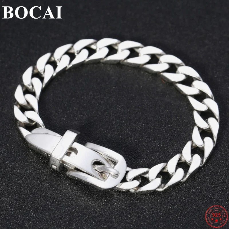 BOCAI S925 Sterling Silver Bracelet Men Women Lovers Personality Simple Smooth Flat Cuban Link Chain Jewelry