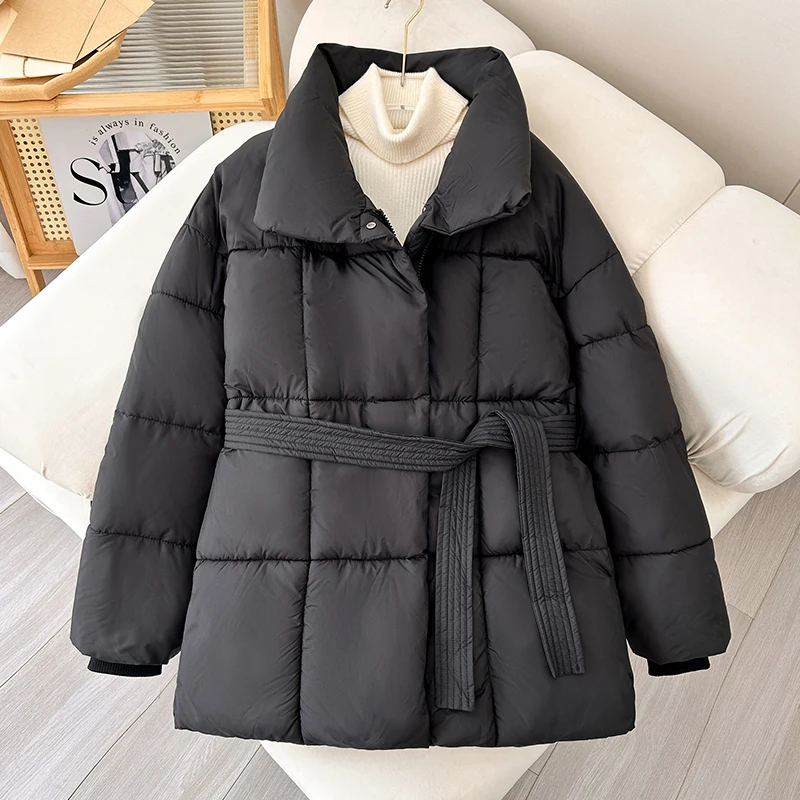 Winter Women Parkas Jackets With Sashes 2024 Casual Turn Down Collar Thick Warm Windproof Parkas Coat Female outwear  parkas