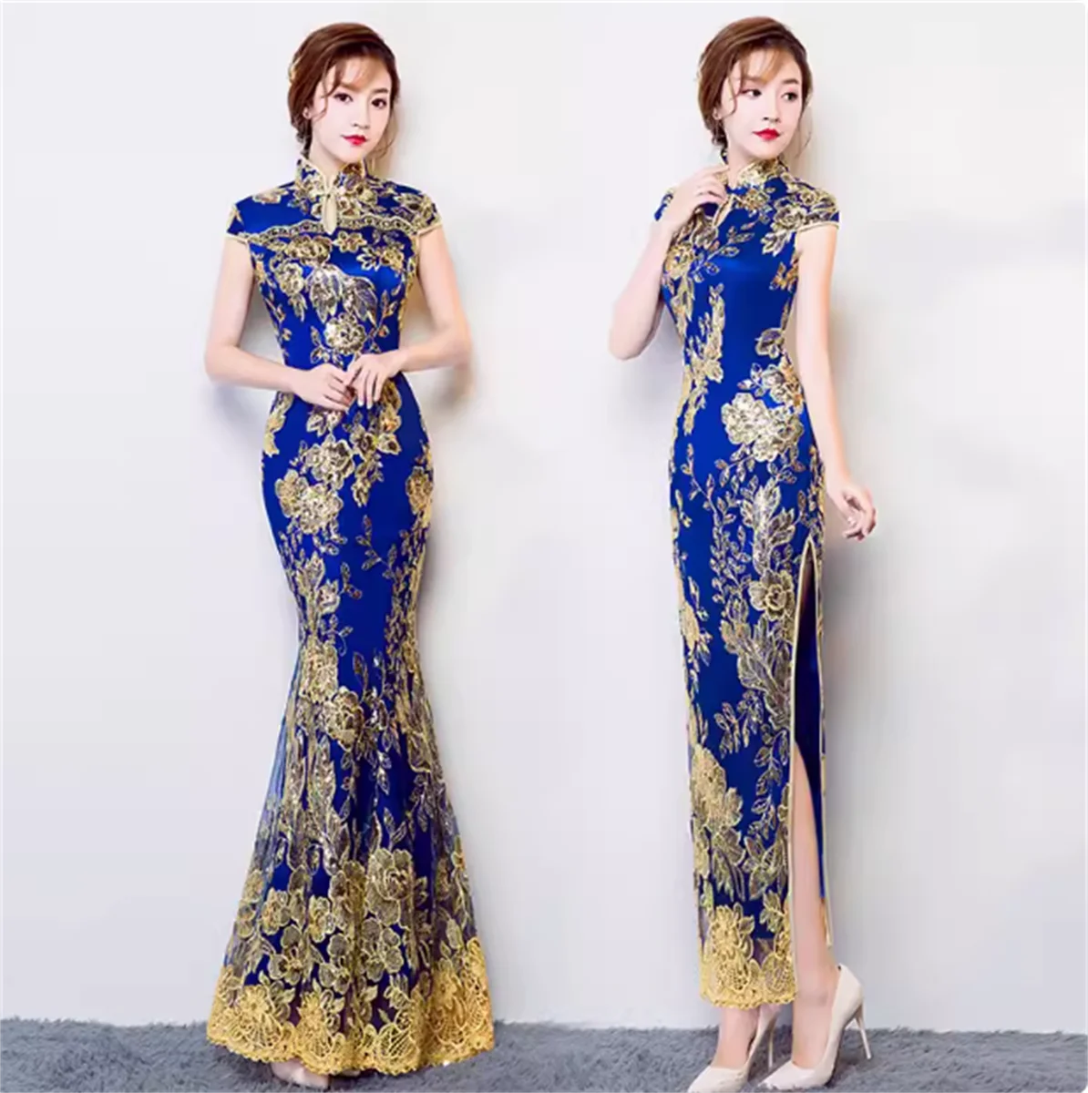 

Golden Embroidered Cheongsam Women Chinese Dress Summer Lace Long Stage