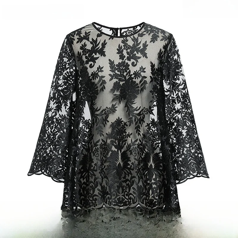 

Red Sve 2024 Autumn New Women's Asymmetric Long Sve round Ne Embroidered Lace irt Casual Ele Faionable