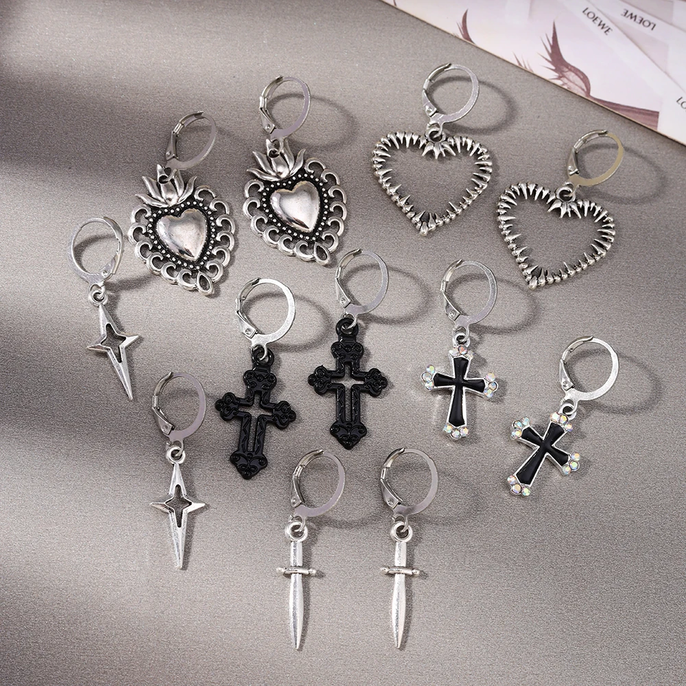 Aihua 12 stücke Mode Silber Farbe Herz Tropfen Ohrringe Set für Frauen Teenager Einfache Kreuz Anhänger Baumeln Ohrring Y2K Party schmuck – Detail 4