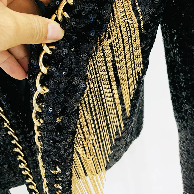 2024 Europe and the United States star fashion new heavy industry fringe chain sequin green fruit collar jacket cardigan coat