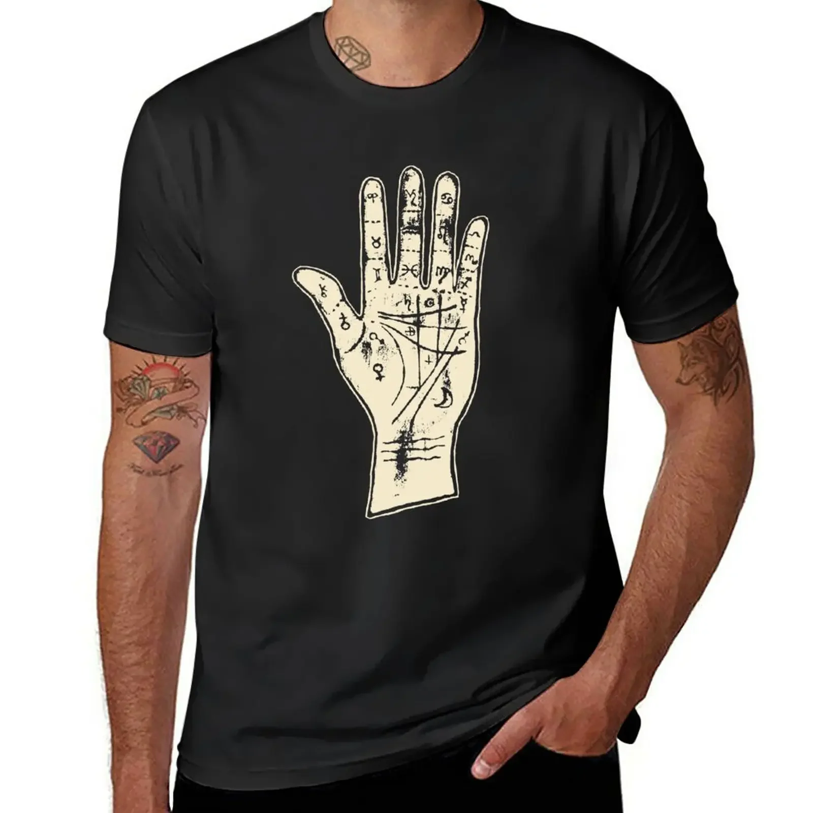 Palmistry hand on a black background T-Shirt funnys summer top shirts graphic tees mens plain t shirts