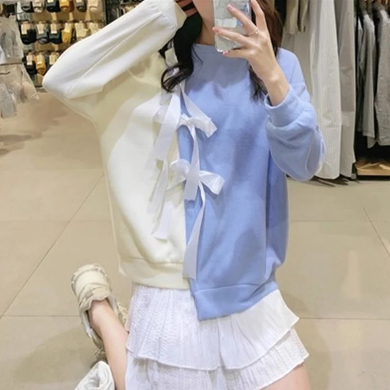 Women Clothing Korean Patchwork Long Sleeve Hoodie Irregular Bow Sweatshirts