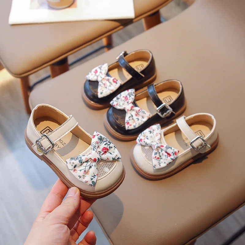 Spring Autumn New Kids Leather Shoes Cute Bow Floral Baby Girl Shoes Toddler Sneakers Soft Bottom