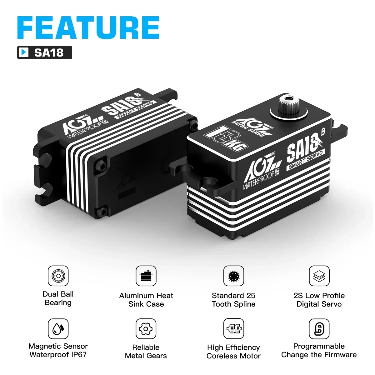 AGFRC Heat Sink Case Waterproof SA18 18KG 0.11se High Torque Low Profile Programmable Smart Servo For RC Car Boat Truck Off Road