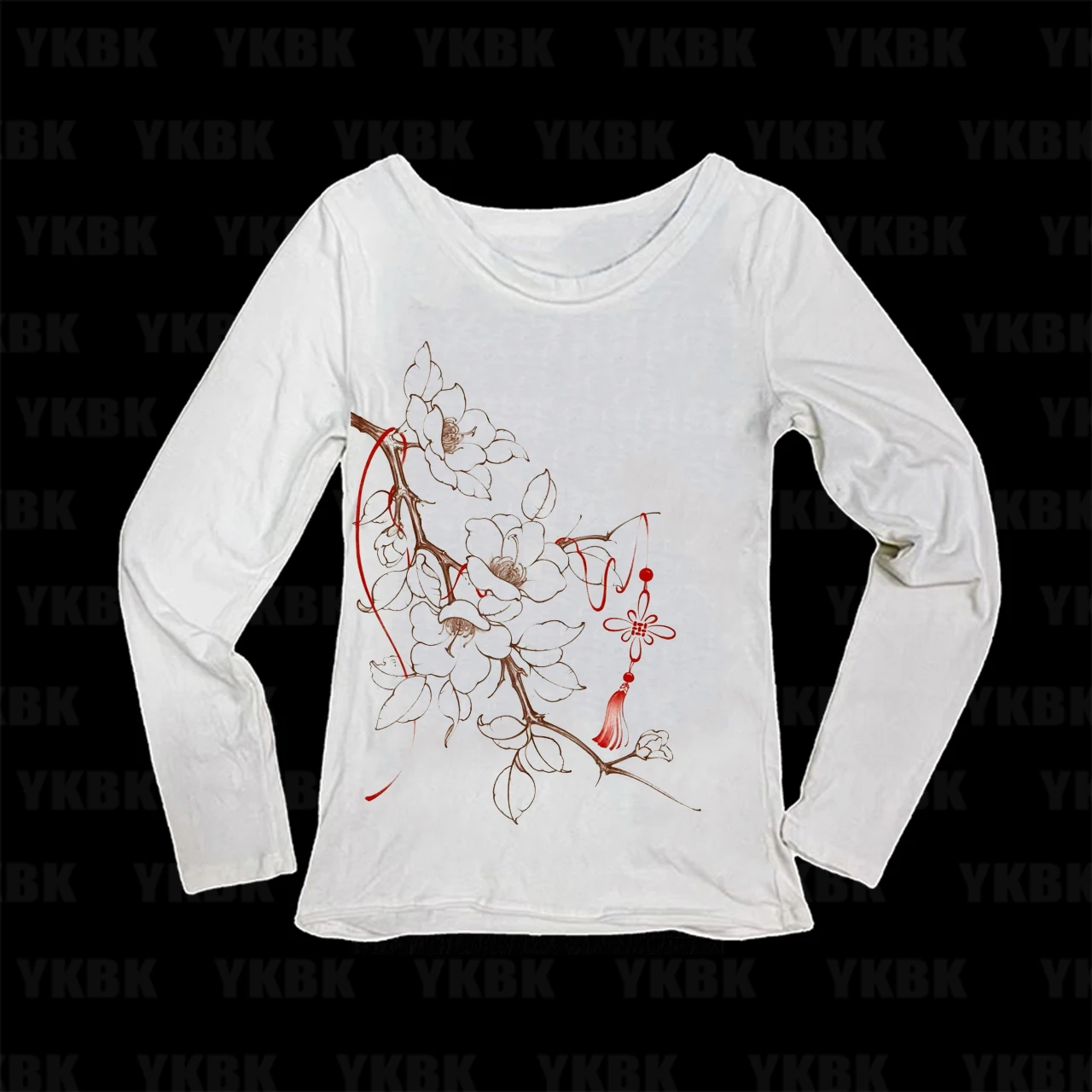 Retro Chinese Style Women Long Sleeve Top Magnolia Flower & Chinese Knot Graphic Tee Slim Fit Y2K Aesthetic Autumn T‑Shirt
