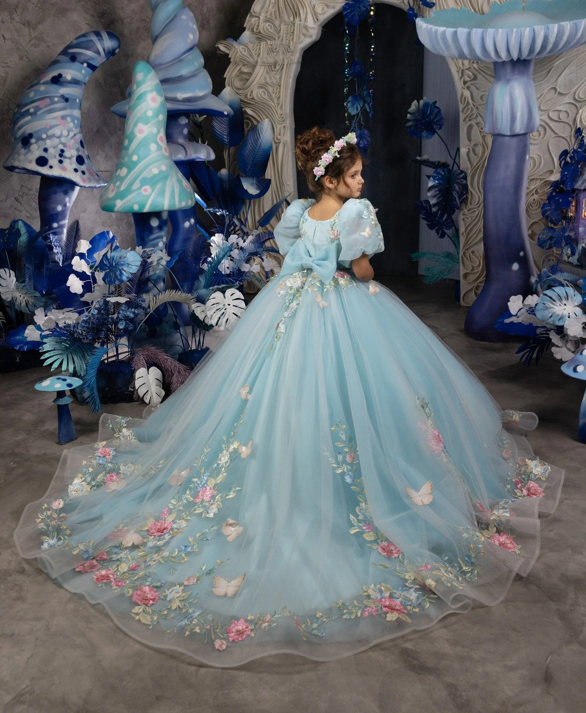 Girls Dress Light Blue Colorful Appliques Wedding Guest Clothes Sweet Puff Sleeve Kids Princess Gown Stage Performance Wear