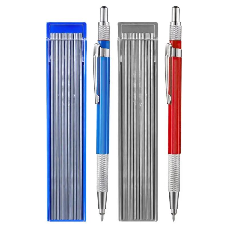 Welders Pencil Mechanical Carpenter Pencil with 12 Silver Round Refills 2.0 mm Metal Marker Built-In Sharpener Pipefitter Tools