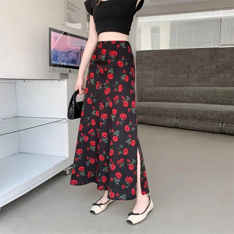 

High-End Women's Summer Clothing Linen Halter Neck Print Dress High Waist A-Line Midi Skirt Comfortable Breathable Skirt