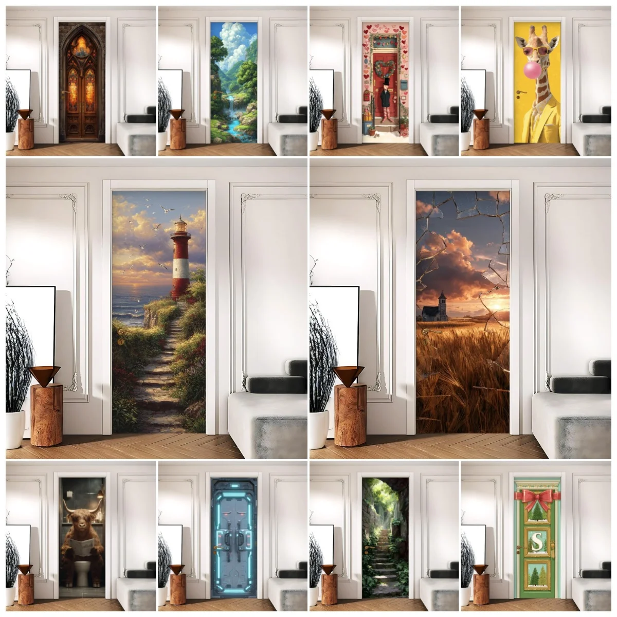 

3D Lighthouse Door Sticker Self-Adhesive PVC Mural Landscape Scenery Wall Decal Waterproof Home Decor Living Room Bedroom