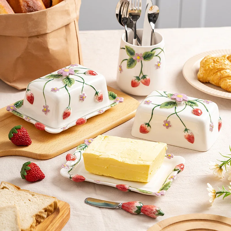 Strawberry Embossed Butter Dish with Lid, Ceramic Butter Keeper, Large Butter Storage Tray, Charming Gift for Kitchen & Party