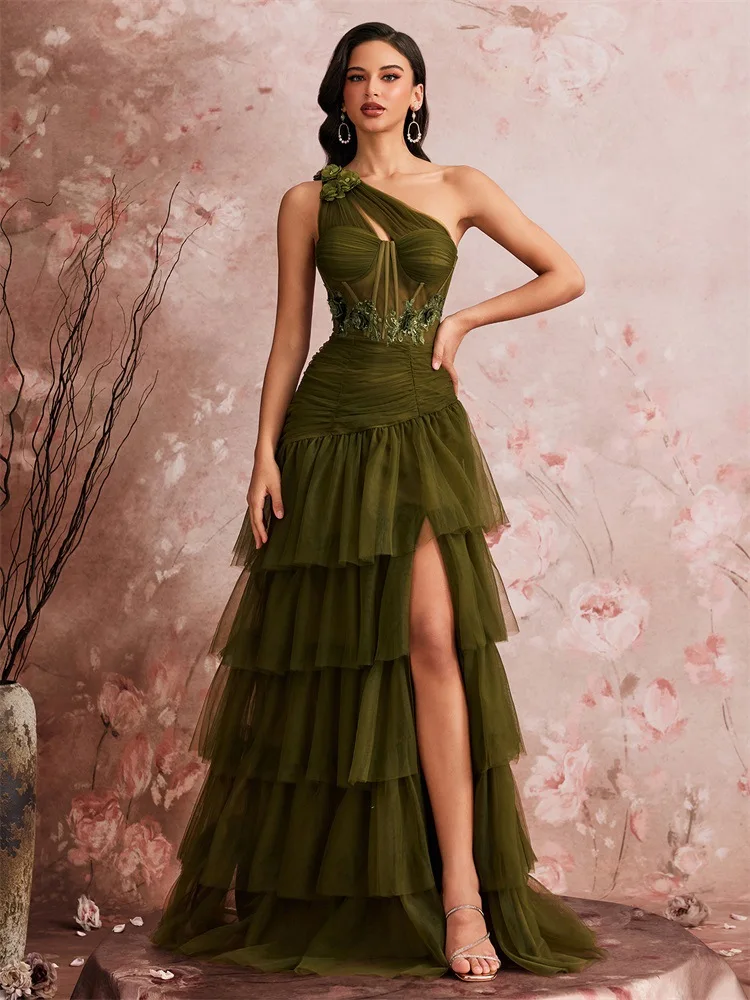 Long European and American Oblique Shoulder Elegant Cocktail Party Dinner Dress Luxury Split Bridesmaid Graduation Cake Dress