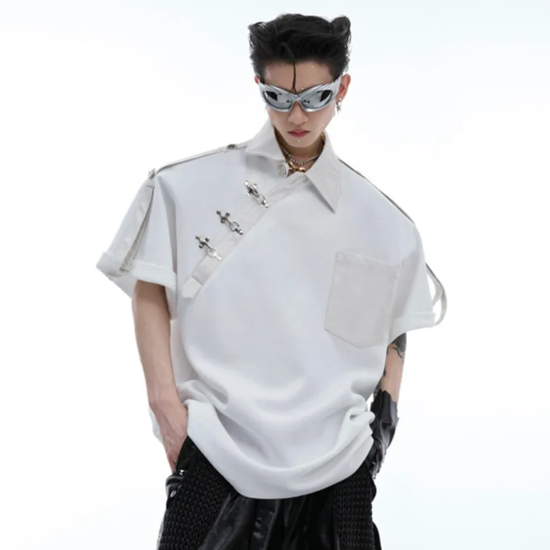 IEFB Metal Shoulder Pad  Shirts PU Leather Splice Loose Short Sleeves Men Shirt 2024 Solid Color Male Tops Fashion 24E1530