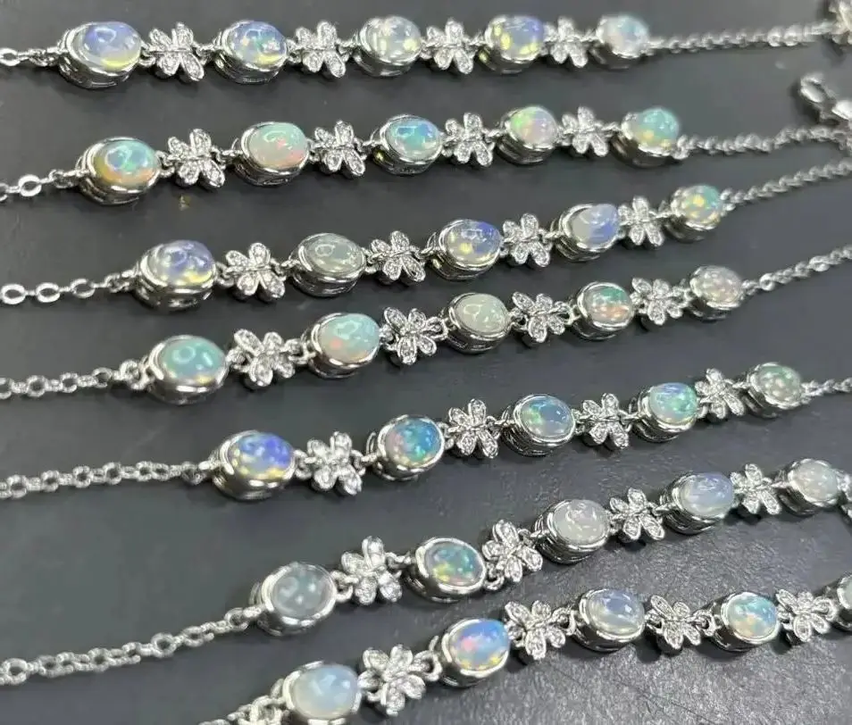 

Silver Women's Bracelet Inlaid with Oval Colorful Natural White Opal Butterfly Shape Jewelry for Ladies