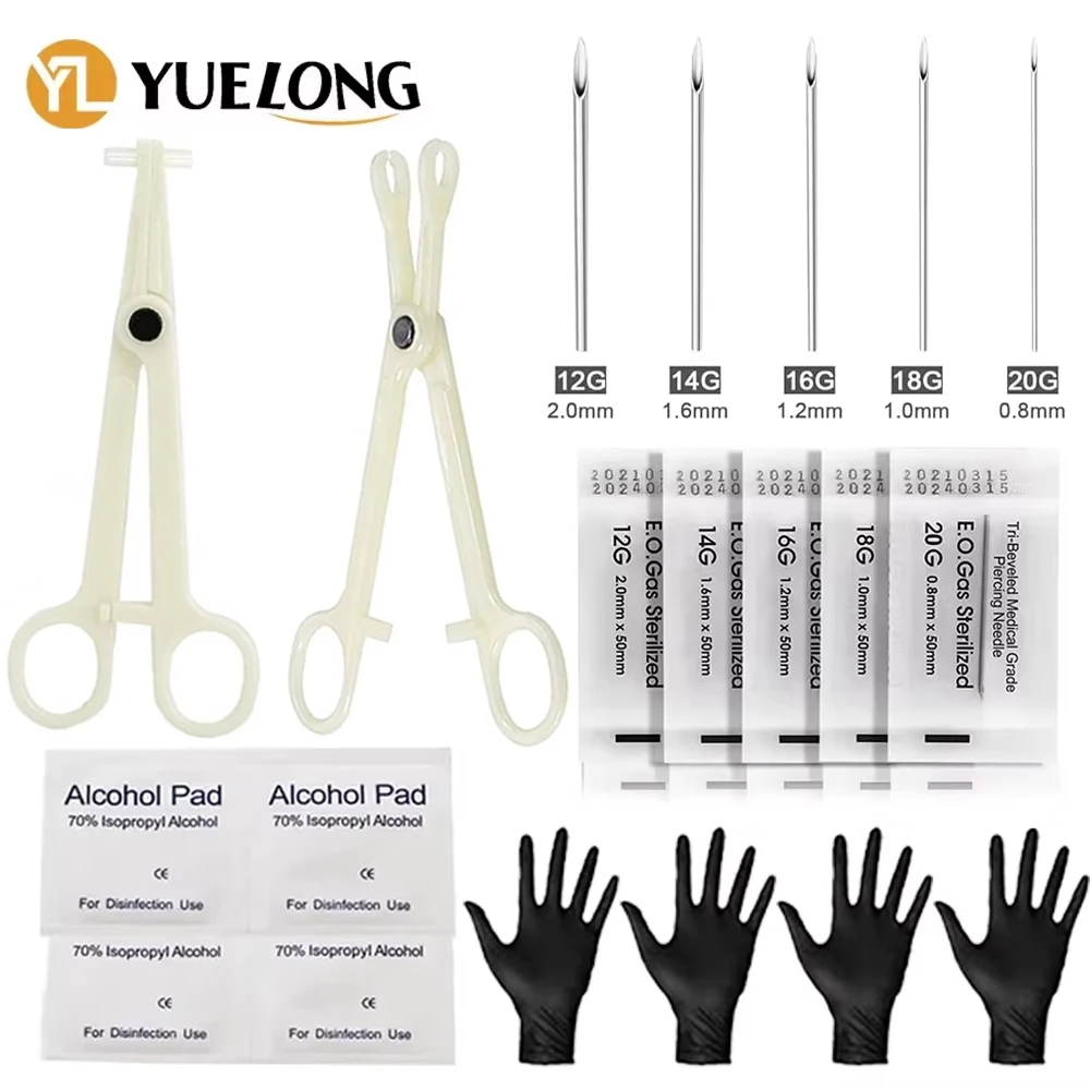 Piercing Needles Clamps Kit Mixed 12G 14G 16G 18G 20G Needles Piercing Clamps Forceps Gloves for Ear Nose Piercing Supply