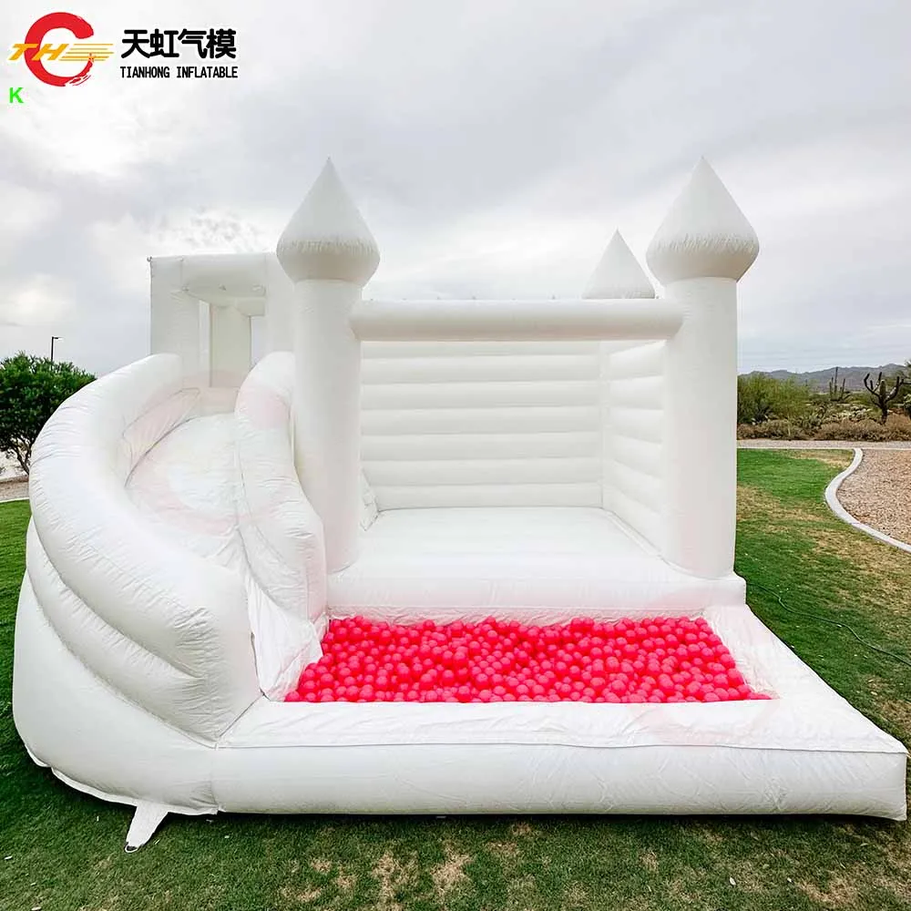 Château gonflable de saut de 4x4m, maison de rebond avec fosse à balles, château gonflable blanc pour fête de mariage avec piscine coulissante