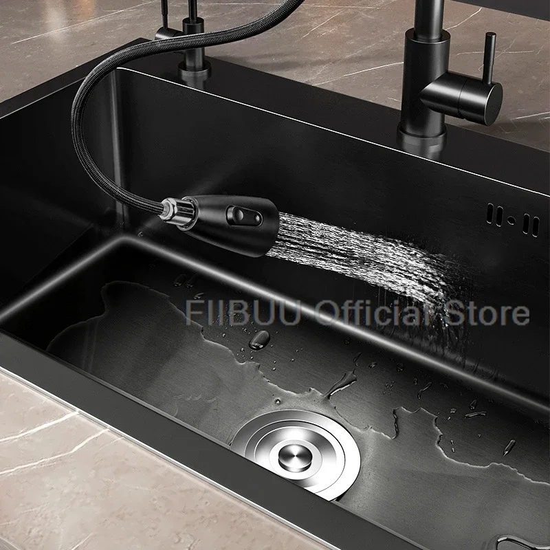 Black Stainless Steel Kitchen Sink Large Capacity Single Bowl Thickened Handmade Multifunctional Basin With Multiple Accessories