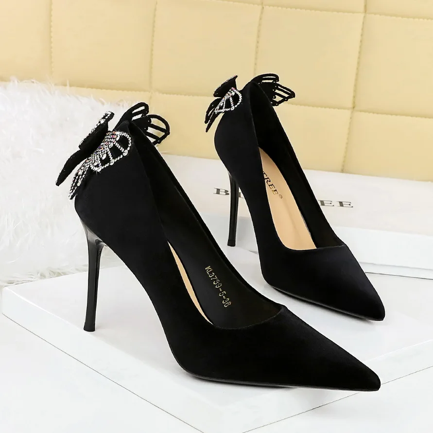 

BIGTREE Glitter Rhinestone Back Big Bow Women Pumps Dance Dress Lady High Heels 9.5cm Suede Black