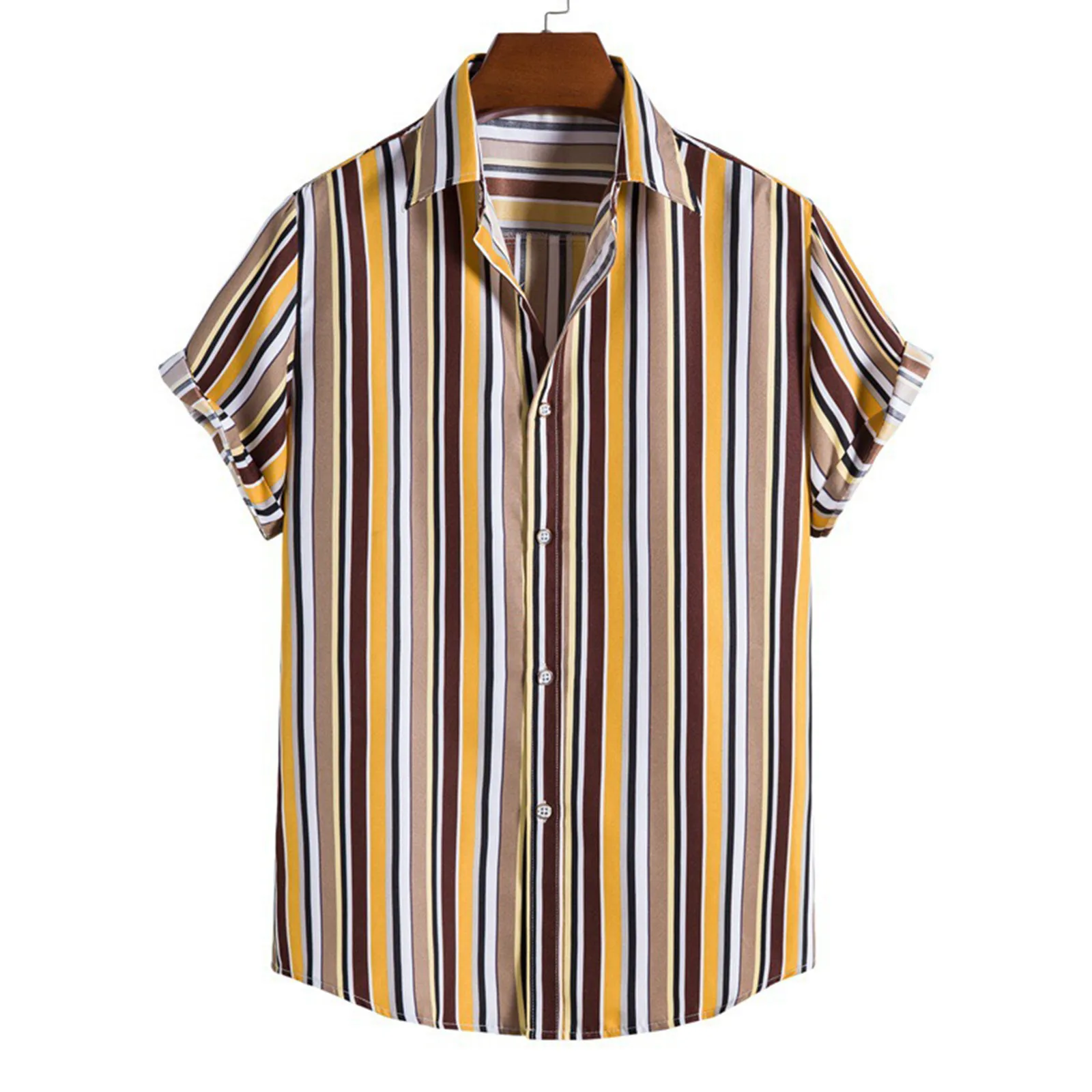 Men Summer Hawaii Lapel Tops Printed Turndown Loose Top Short Sleeved Shirts Formal Fashion Top Striped Casual Buttons Shirt