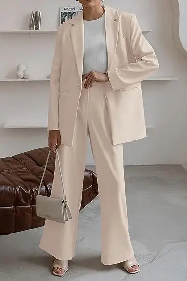 ผู้หญิงฤดูใบไม้ร่วงฤดูหนาว 2 ชิ้นชุดสีทึบแขนยาวเปิดลงปกเสื้อ Blazer ตรงชุดกางเกงยาว