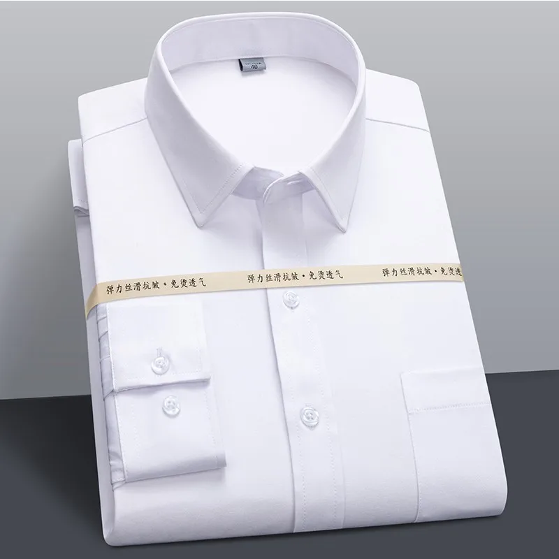 2023 Men Business Office Long Sleeve Standard Stretch Casual Shirts Classic Stretchy Silky Non-iron Dress Shirt Pocketless