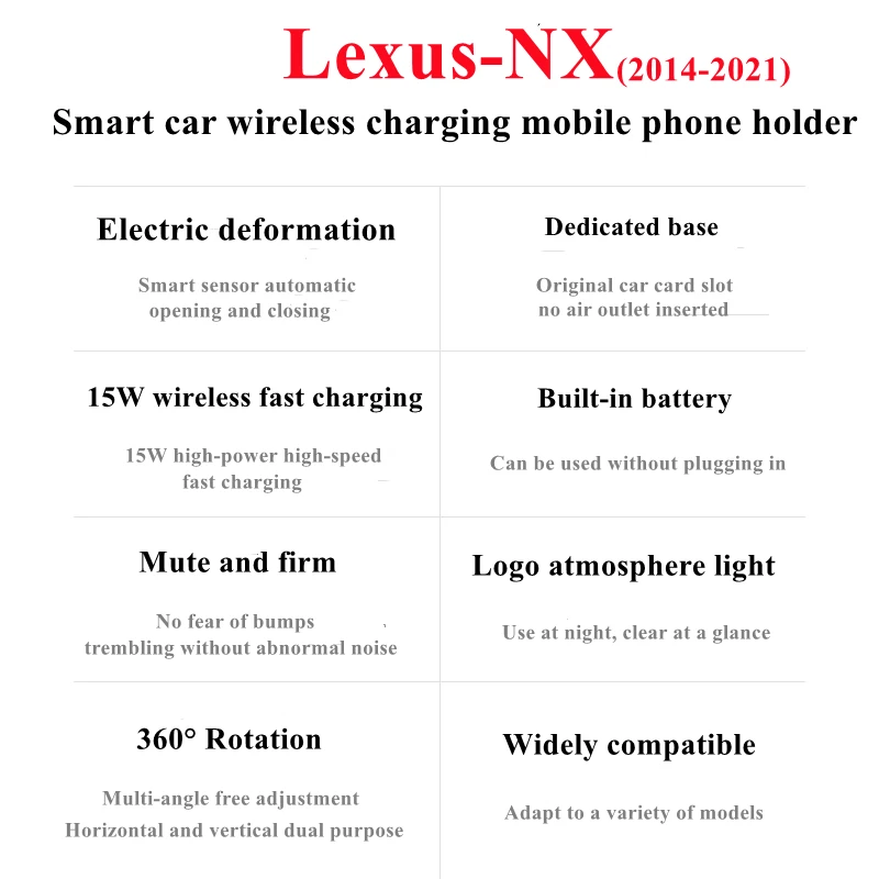 Dedicated for Lexus NX 2014-2021 Car Phone Holder 15W Qi Wireless Car Charger for iPhone Xiaomi Samsung Huawei Universal