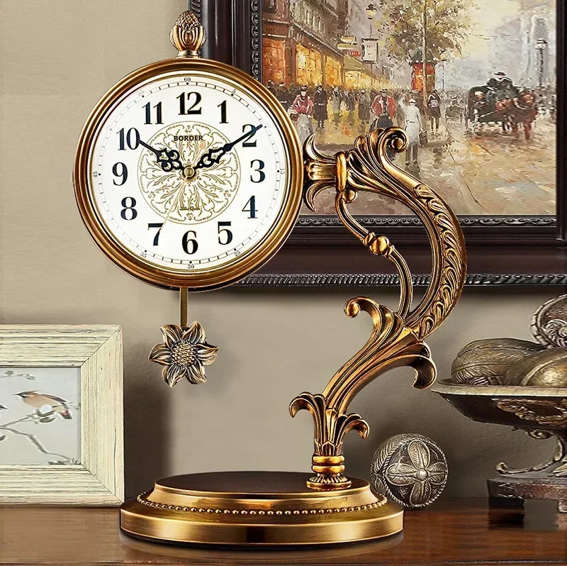 

European Living Room Clock Ornaments Light Luxury Metal Copper Plated Clock For Home Office Desktop Clock Decoration