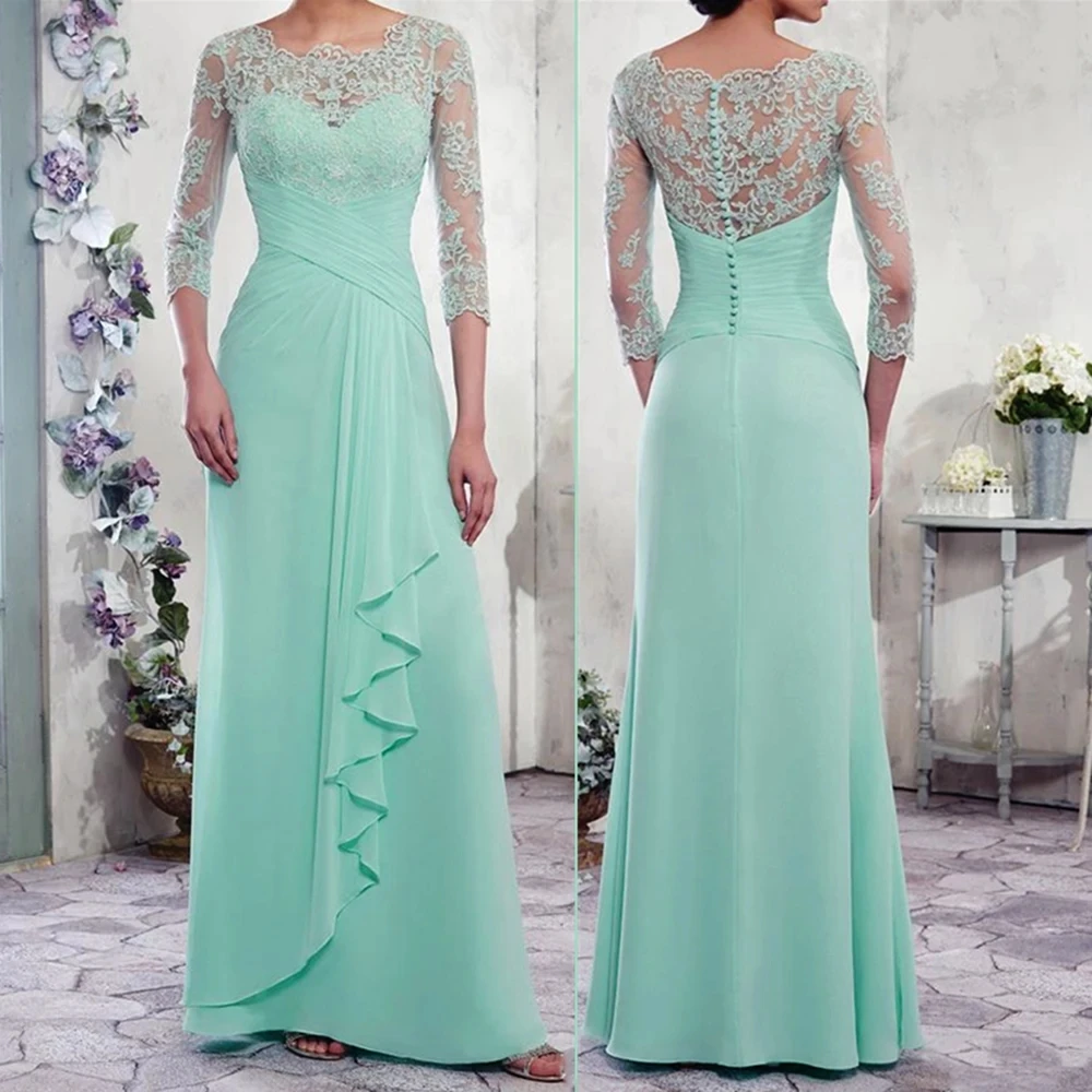 

Mother of the Bride Dresses Chiffon A-line formal dresses Scoop Zipper with Buttons Back Pleats Elegant Evening Gown