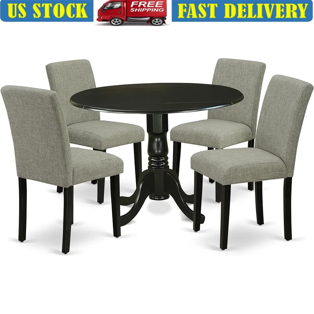 Modern 5 Piece Dining Set with Round Dropleaf Table and 4 Padded Shitake Linen Chairs Home and Kitchen