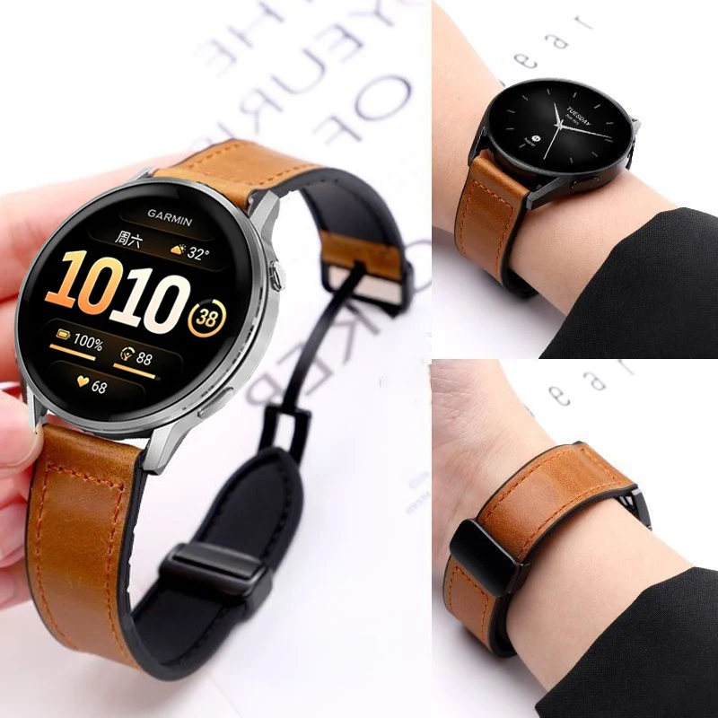 20 22 mm magnetisches Silikon + Lederarmband für Garmin Forerunner 55 158 165 245 255 265 645 970 570 Band für Garmin Venu 2 3 4 45 mm