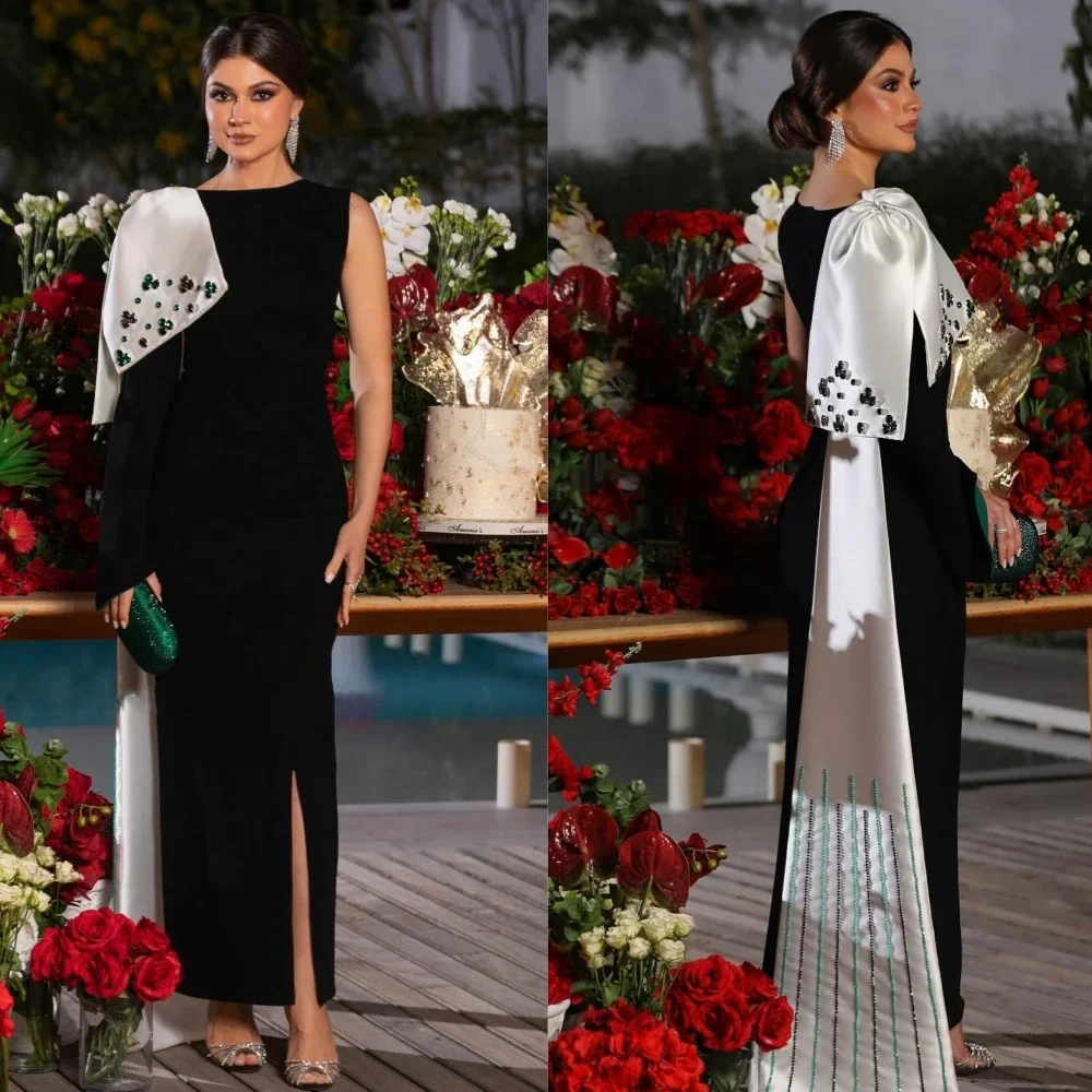 

Arabia Beaded Prom Dresses Women's One Shoulder Long Sleeve Bow Evening Dresses Ankle Length Formal Occasion Gowns Customized