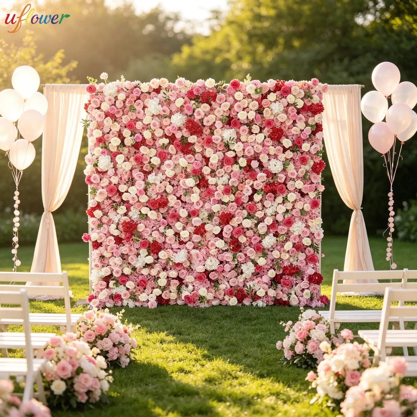 Uflower Hot Pink White Rose Cloth Flower Wall Event Party Wedding Backdrop Curtain Decor Roll Up Fabric Floral Wall Arrangement