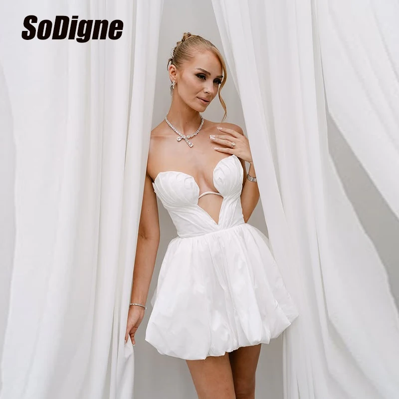 ชุดแต่งงานทรงเอไลน์เรียบง่ายผ้าทาฟเฟต้าแบบสั้น คอวี แขนกุด ชุดเจ้าสาว ชุดแต่งงาน  สามารถสั่งตัดได้