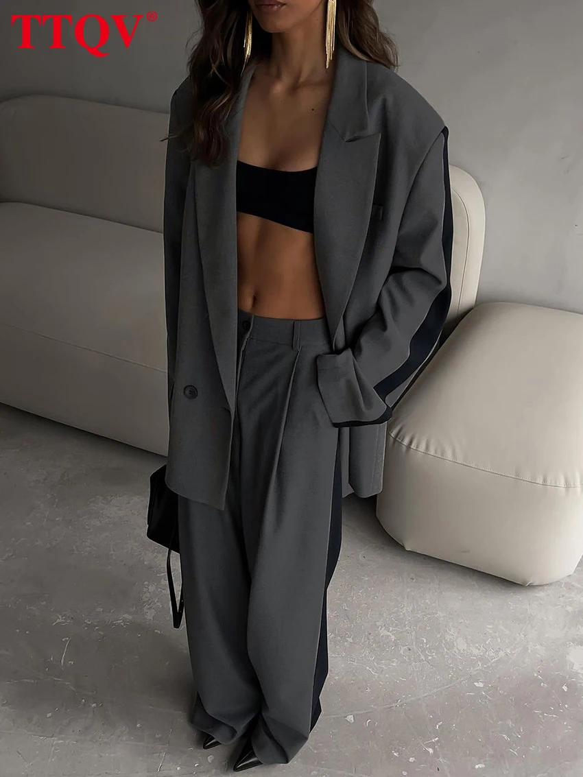 

TTQV Elegant Grey Patchwork 2 Piece Sets Women Outfit Fashion Long Sleeve Button Blazers And Straight Simple Trousers Sets