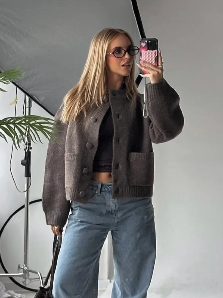 Pull à manches longues et col rond pour femme, manteaux Chic à simple boutonnage avec poches tricotées, couleur unie, automne hiver 2025