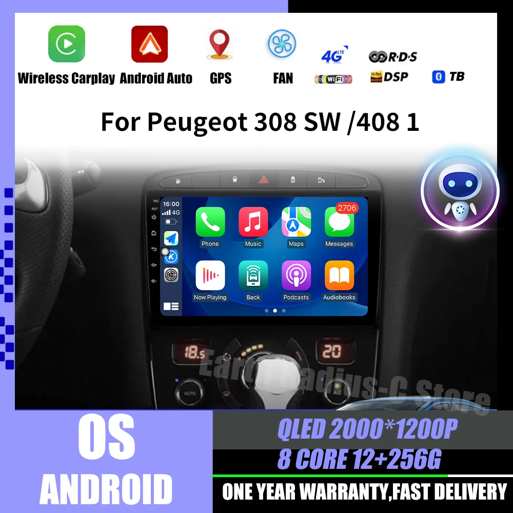 

for Peugeot 308 SW 2007 - 2015 408 2012 - 2020 Android Auto Car Radio Multimedia Player Wireless Carplay WiFi GPS Navigation