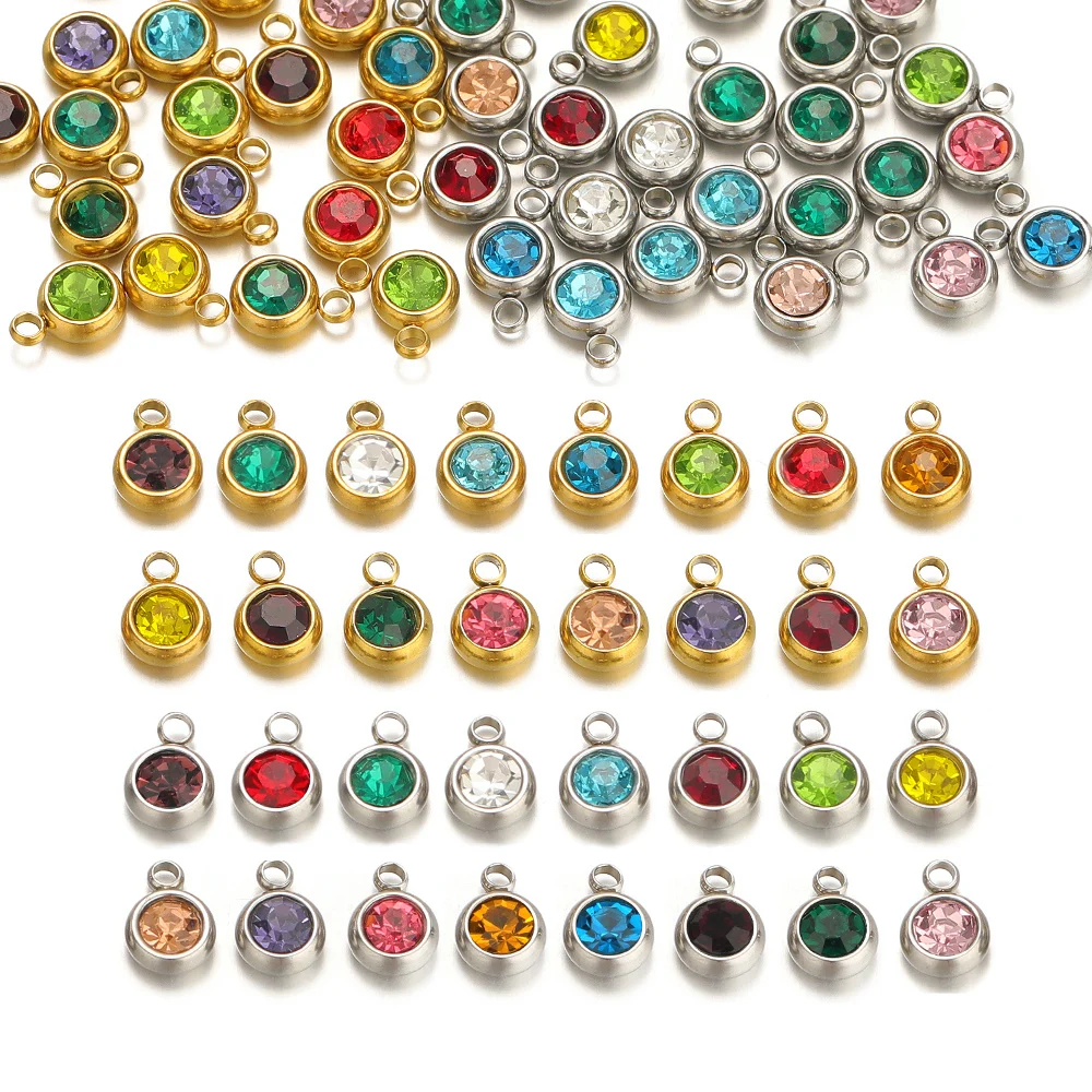 20pcs Zirconia Birthstone Pendant 12 Months Color Stone Charms DIY Accessories for Necklace Stainless Steel Jewelry Wholesale