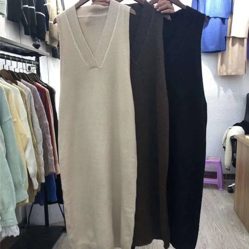 

Autumn/Winter Sweater Tank Top Medium Long V-Neck Loose Knitted Sleeveless Women's Simple and Elegant Style X315