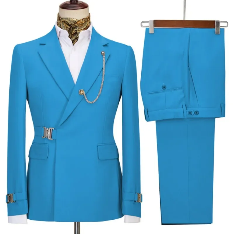 Green Belt Design Double Breasted Mens Suits 2 Pieces Coat Pant Latest Design Wedding Suits Groom Prom Tuxedos Blazer Set