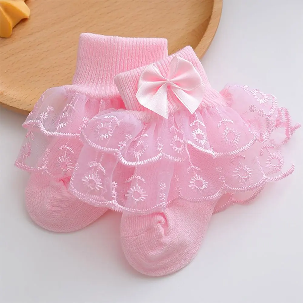Delicate Double-Layer Girls Lace Socks Soft Thin Toddler Ruffle Ankle Socks Elastic Fit Breathable Princess Bow Dress Socks