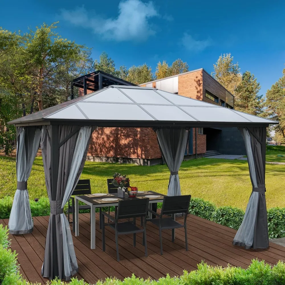 

Aluminum hardtop pavilion with composite polycarbonate roof, outdoor courtyard lawn and garden, including curtains and mesh