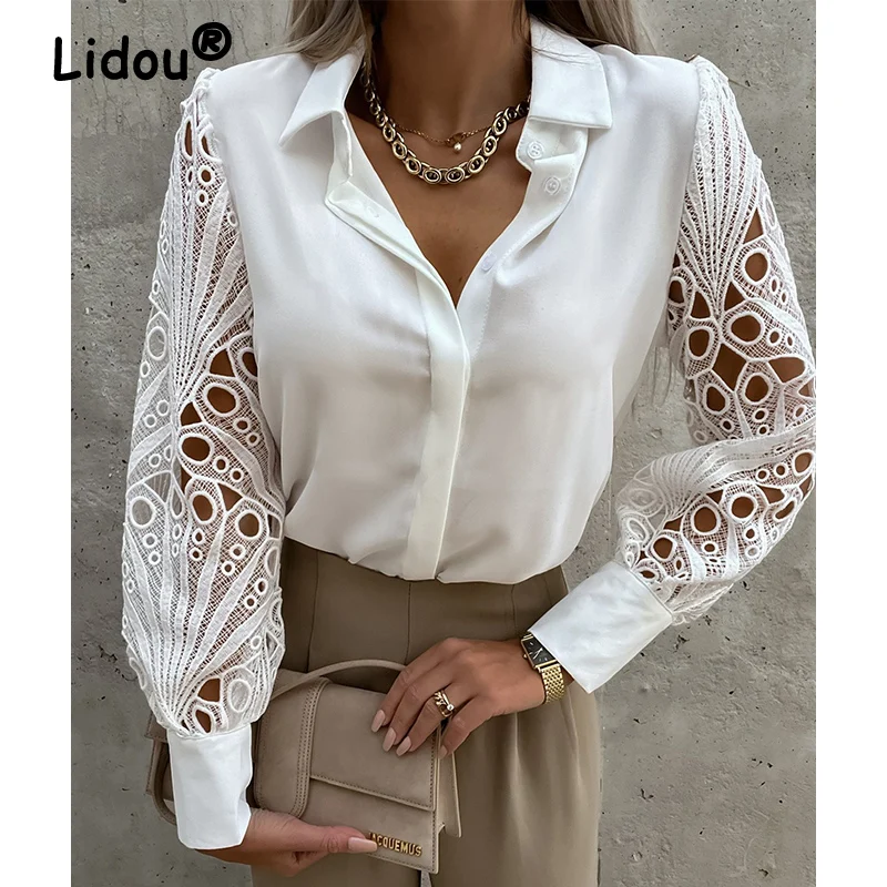 Camicetta di pizzo scava Chic bianca gancio fiore ricamo decorazione scollo a V camicia solida Casual mezza manica in cotone Top donna